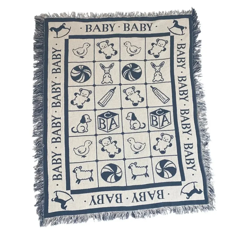 Vintage Baby Throw Blanket Afghan Alphabet Block TeddyBear Duck Animal Fringe
